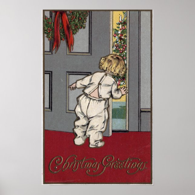 Póster Saludos de los navidadesNiño buscando a Santa (Frente)