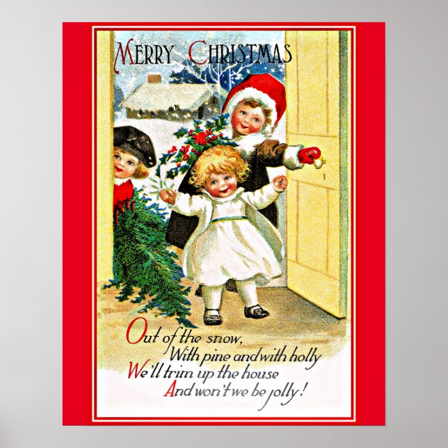Póster Saludos de Navidad Vintage, Tres Niños, (Frente)