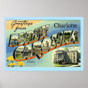 Póster Saludos desde Carolina del Norte Charlotte, Vintag