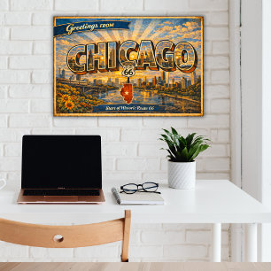 Póster Saludos desde Chicago Tarjeta Postal Antigua