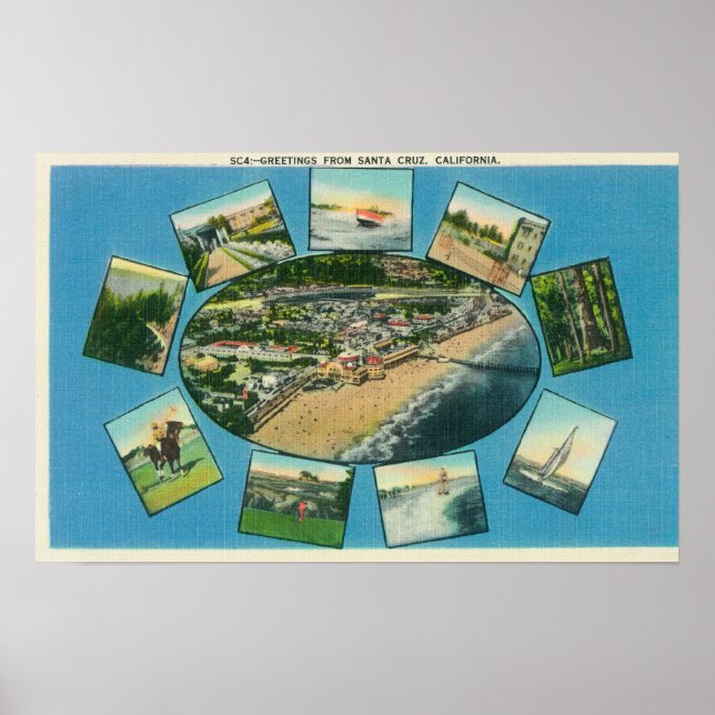 Póster Saludos desde con vistas escénicasSanta Cruz, CA (Frente)