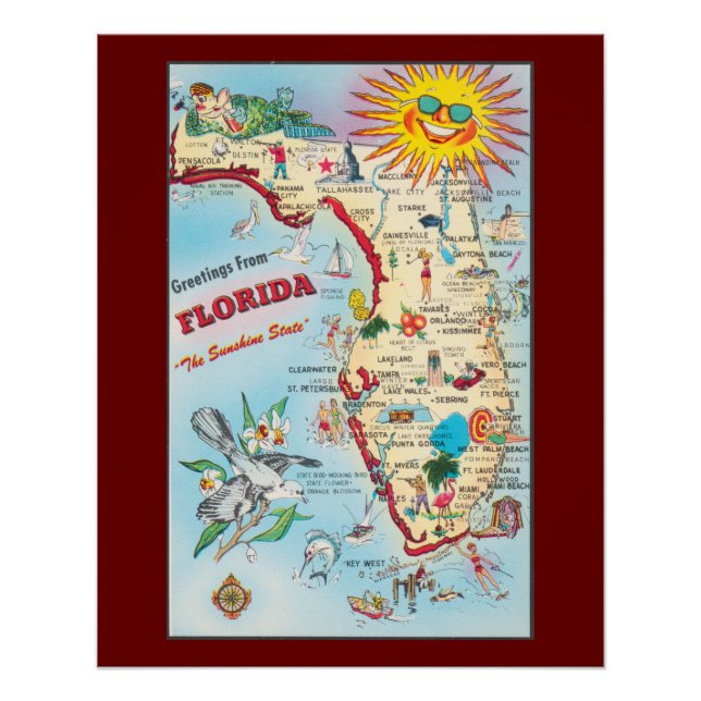 Póster Saludos desde Florida, mapa vintage, (Anverso)