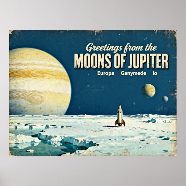 Póster Saludos desde las lunas de Júpiter Retro Sci-Fi P (Frente)