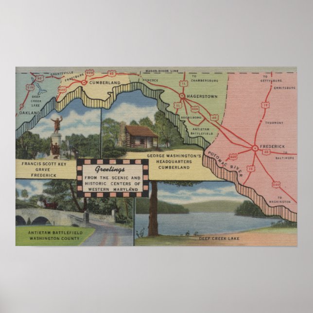 Póster Saludos desde Maryland Occidental (Mapa detallado) (Frente)