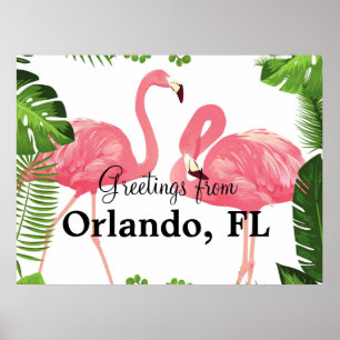 Póster Saludos desde Orlando, FL—flamencos rosados