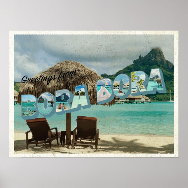 Póster Saludos desde tarjeta antigua de Bora Bora (Frente)