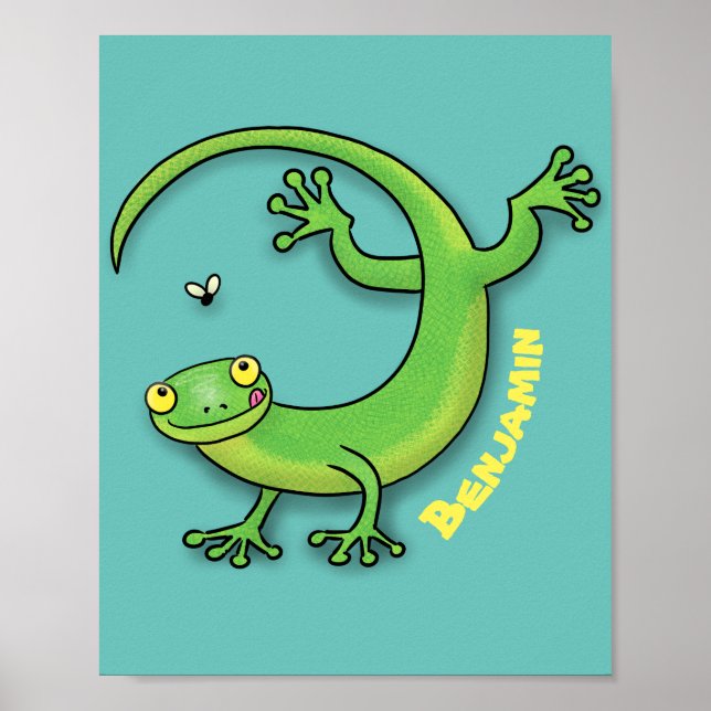 Póster Saludos felices de gecko verde lindo con personali (Frente)