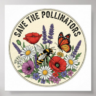 Póster Salva al polinizador con abeja, mariposa y flores
