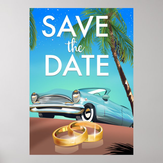 Póster Salva la fecha coche antiguo y anillos de boda. (Frente)