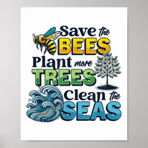 Póster Salvar las abejas plantar árboles limpios Mares Me