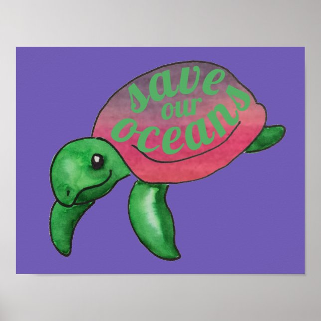 Póster Salvar nuestros océanos Tortuga de mar púrpura (Frente)
