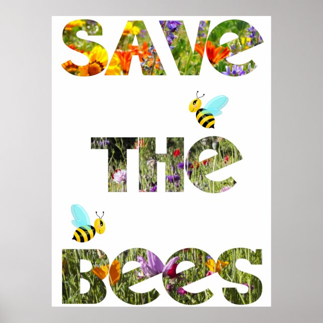 Póster Salven las abejas, letras florales con abejas (Frente)