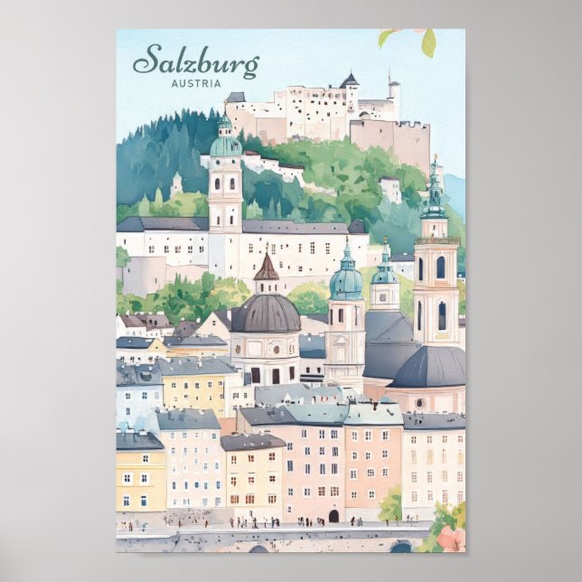Póster Salzburgo Austria Gouache Paint Ilustracion Viaje (Frente)
