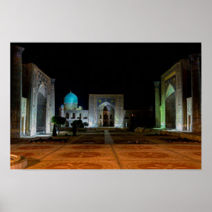 Póster Samarcanda, Uzbekistán - Plaza Registan de noche