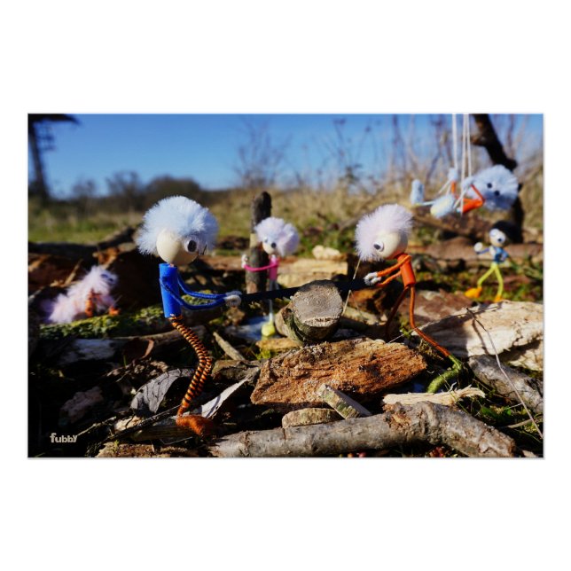 Póster Samenwerking van Fubby poppetjes op een houtwerkpl (Anverso)