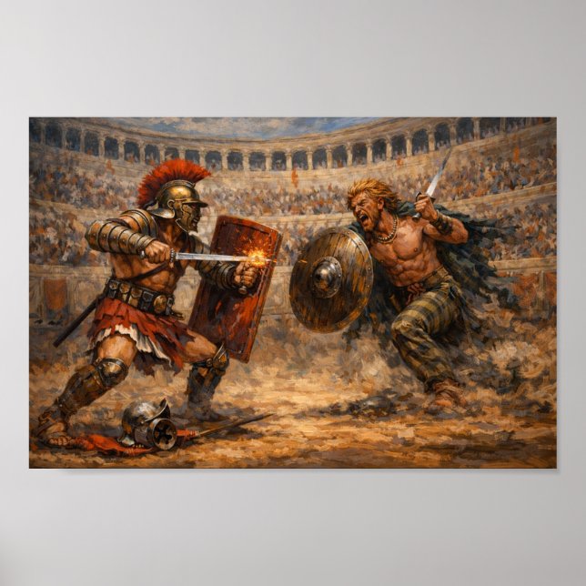 Póster Samnite vs Gaul Gladiator Battle Acrylic Painting  (Frente)