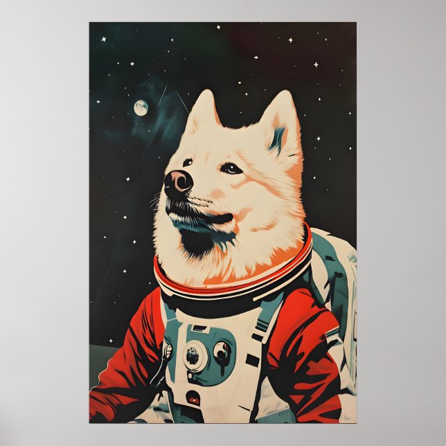 Póster Samoyed Astronaut Poster, Samoyed Retro Print (Frente)