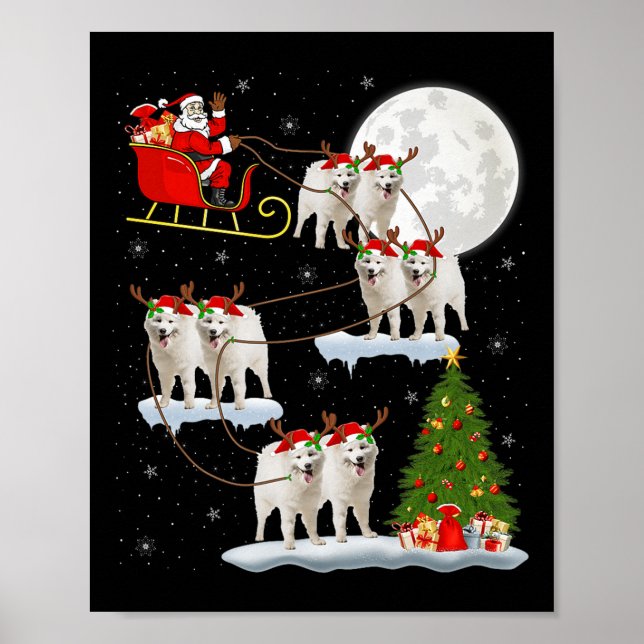 Póster Samoyed Dog Santa Sleigh Flying Funny Magical Chri (Frente)