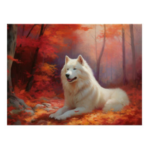 Póster Samoyed en otoño se inspira en las hojas