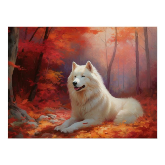 Póster Samoyed en otoño se inspira en las hojas (Anverso)