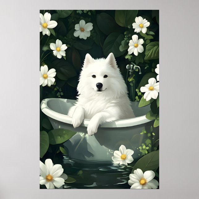 Póster Samoyed In Bathtub Poster, Funny Dog Poster (Frente)
