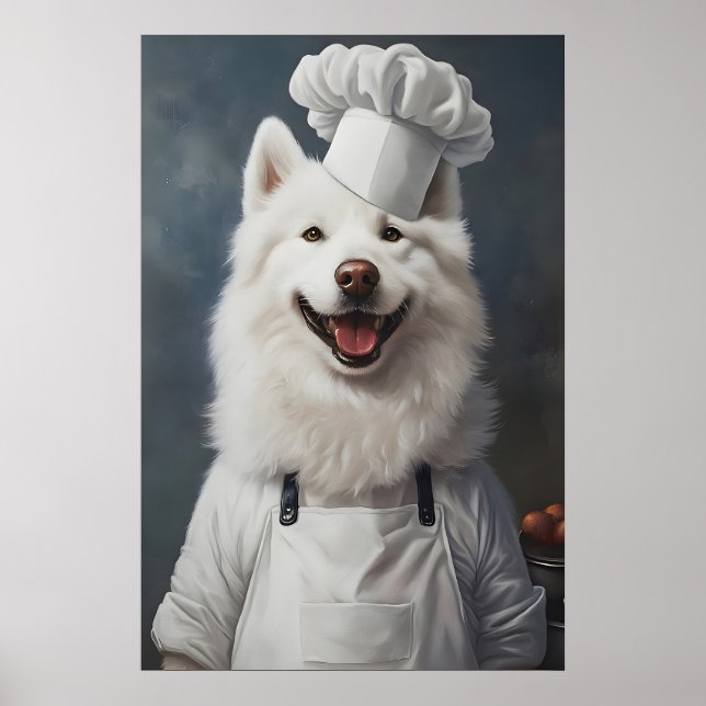 Póster Samoyed In Chefs Hat Poster, Pet Poster, Samoyed (Frente)