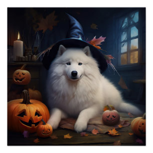 Póster Samoyed Pumpkins Halloween Scary