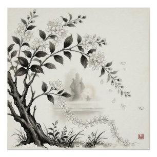 Póster Sampaguita — Flor Nacional de Filipinas Sumi-e