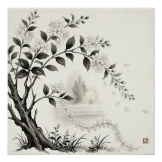 Póster Sampaguita — Flor Nacional de Filipinas Sumi-e