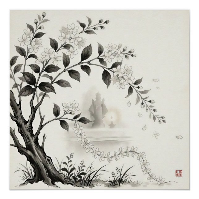Póster Sampaguita — Flor Nacional de Filipinas Sumi-e (Anverso)