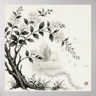 Póster Sampaguita — Flor Nacional de Filipinas Sumi-e
