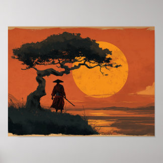 Póster Samurái bajo el árbol al atardecer en estilo japon