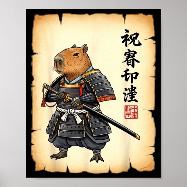 Póster Samurai Capybara Japanese Art Vintage Graphic Funn (Frente)