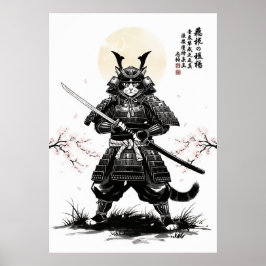 Póster Samurai Cat Art Print with Katana Sword Japanese