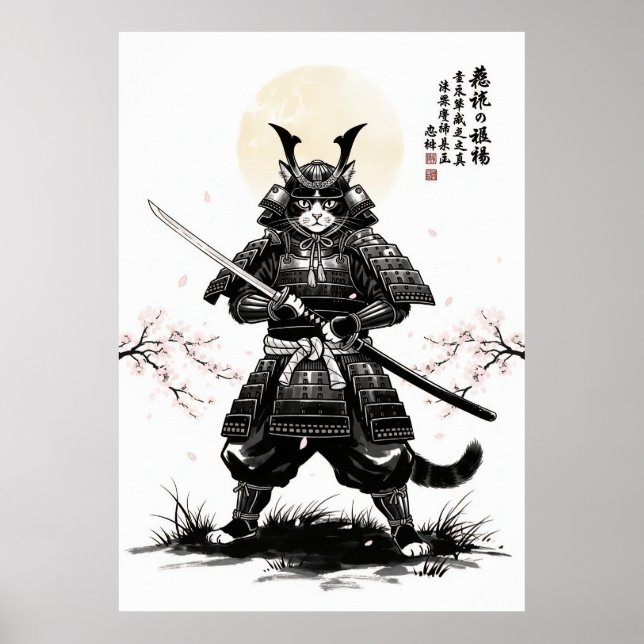 Póster Samurai Cat Art Print with Katana Sword Japanese (Frente)