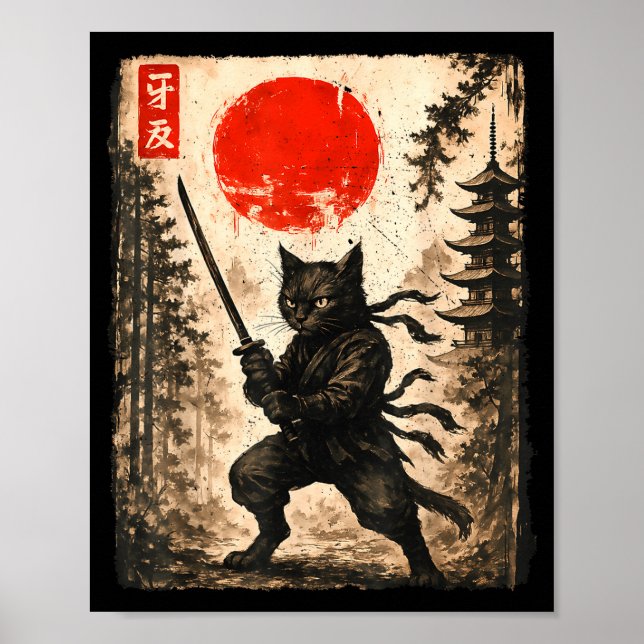 Póster Samurai Cat Japanese Mens Boys Kids Graphic Anime  (Frente)