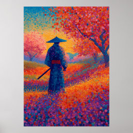 Póster Samurai Cherry Blossom Pointillism Art