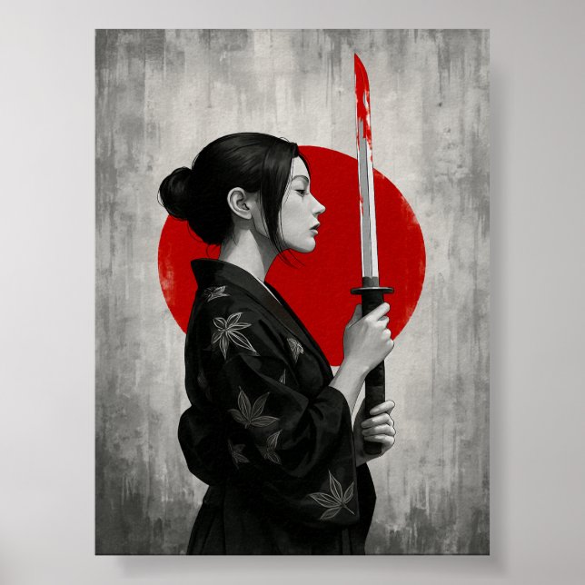 Póster Samurai con Katana frente al sol rojo (Frente)