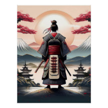 Samurai con pagodas y amanecer