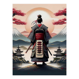 Póster Samurai con pagodas y amanecer