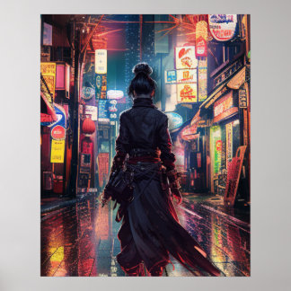 Póster Samurai CyberPunk Moderno Paisaje Nocturno Futuris