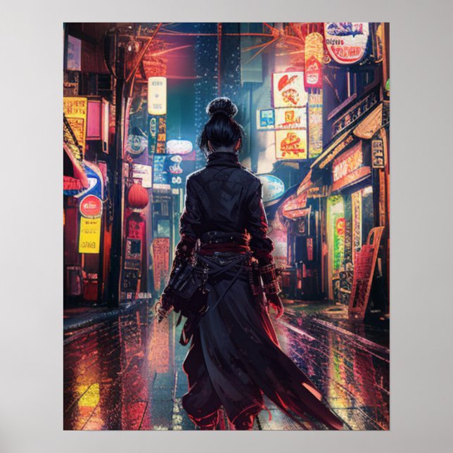 Póster Samurai CyberPunk Moderno Paisaje Nocturno Futuris (Frente)