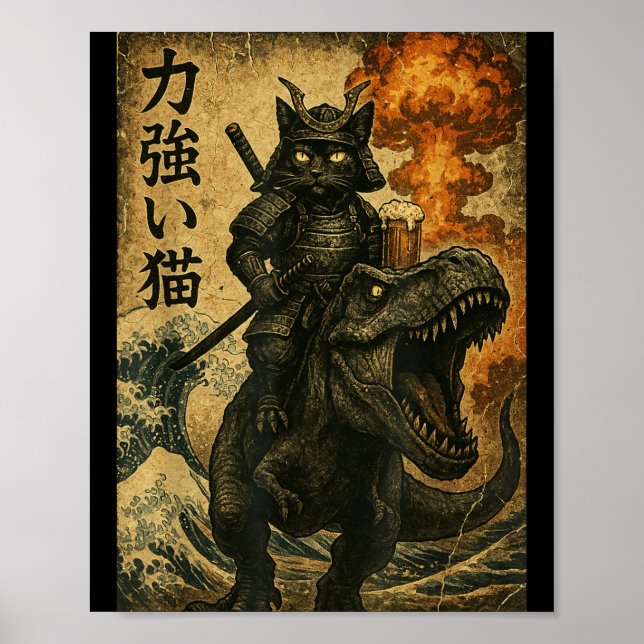 Póster Samurái Gato Negro Dinosaurio Ola del Mar (Frente)