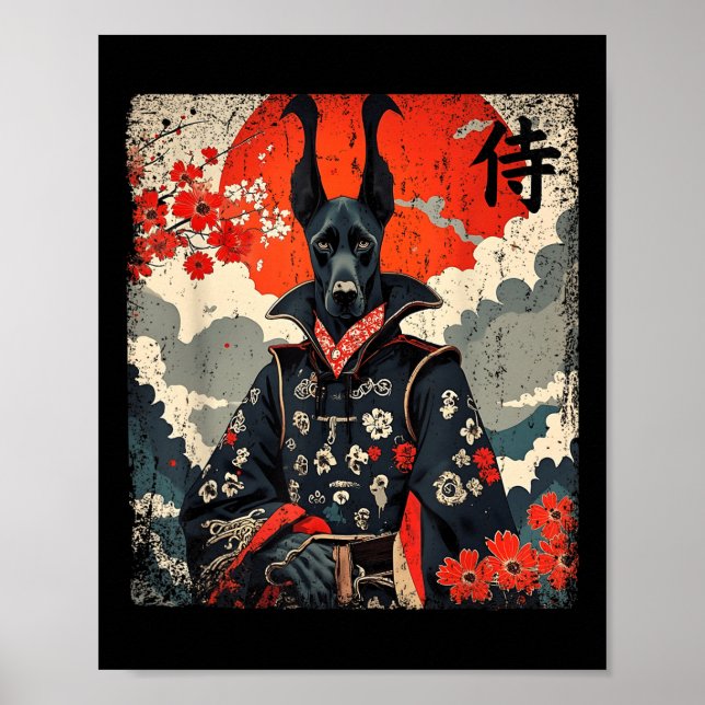 Póster Samurai Japonés Gran Dane Tattoo Kawaii Ukiyo-e (Frente)