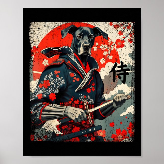 Póster Samurai Japonés Gran Dane Tattoo Kawaii Ukiyo-e (Frente)