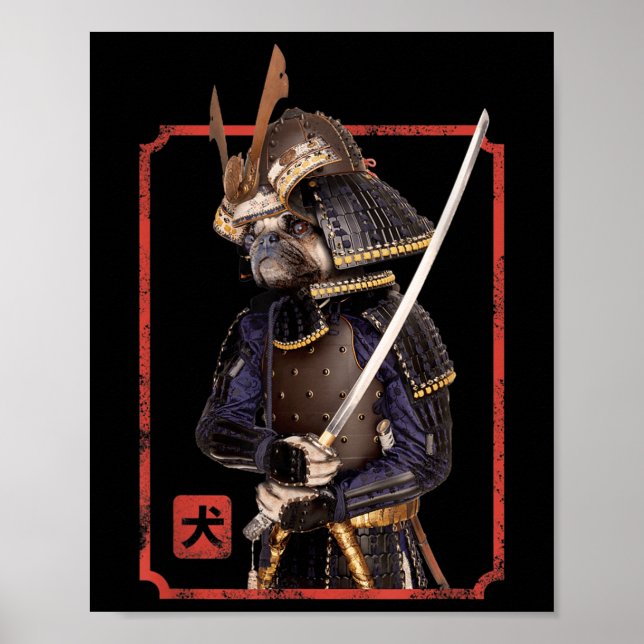 Póster Samurai japonés Ninja Pug Perro amante Kawaii Tatt (Frente)