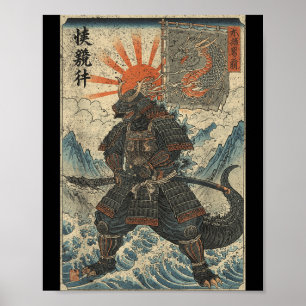 Póster Samurái Kaiju Ukiyo-E Guerrero Gráfico Kaiju Anime