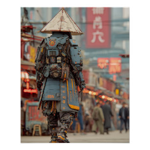 Póster Samurái Mecha Gorro Cónico Cyberpunk