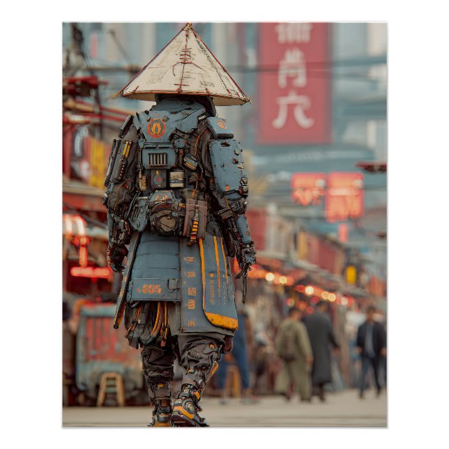 Póster Samurái Mecha Gorro Cónico Cyberpunk (Anverso)