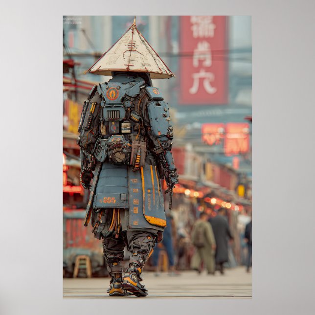 Póster Samurái Mecha Gorro Cónico Cyberpunk (Frente)